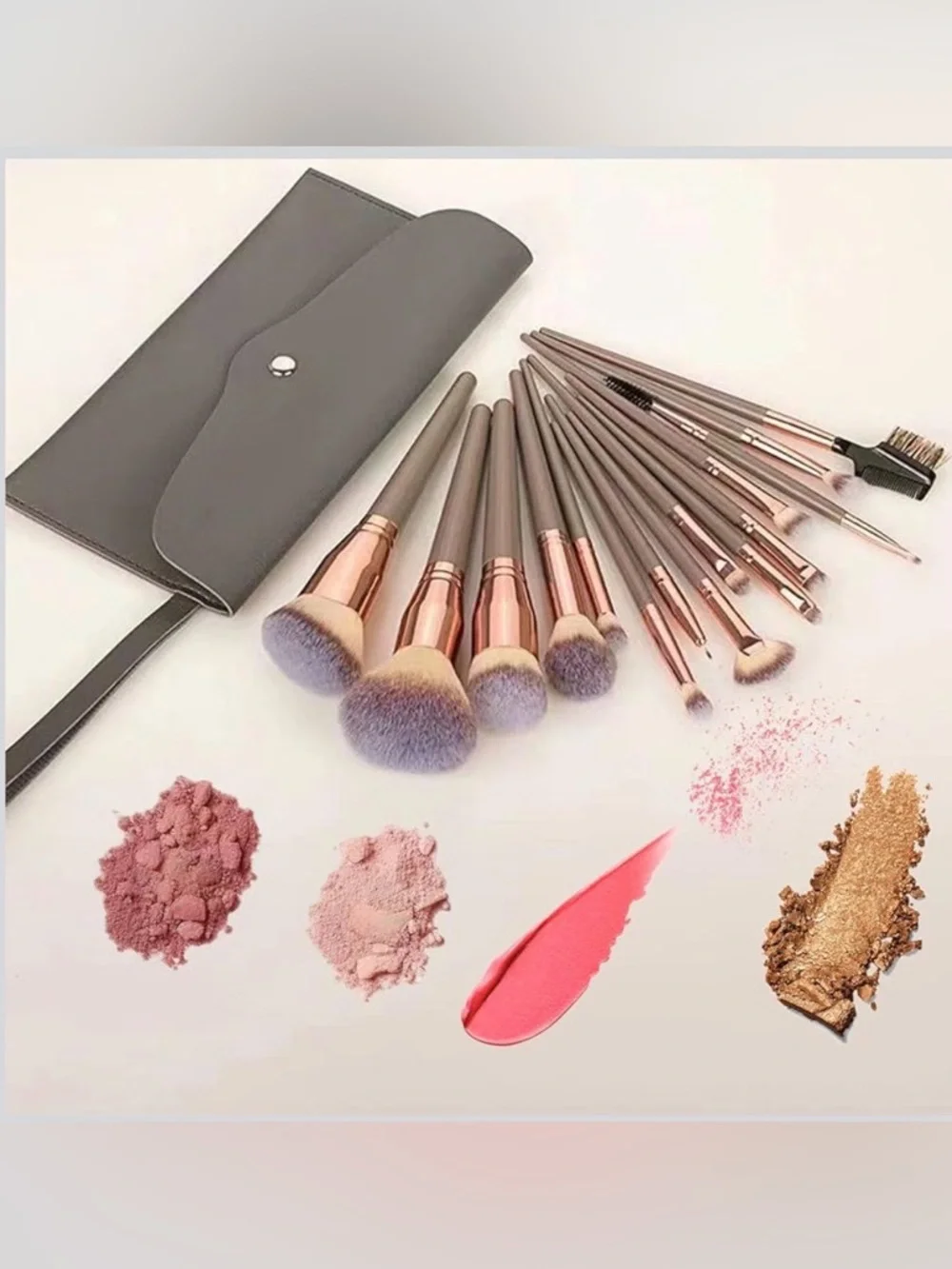 NWT~15pc Professional Makeup Full Face Brush & Case Set~Gray & Champagne Color